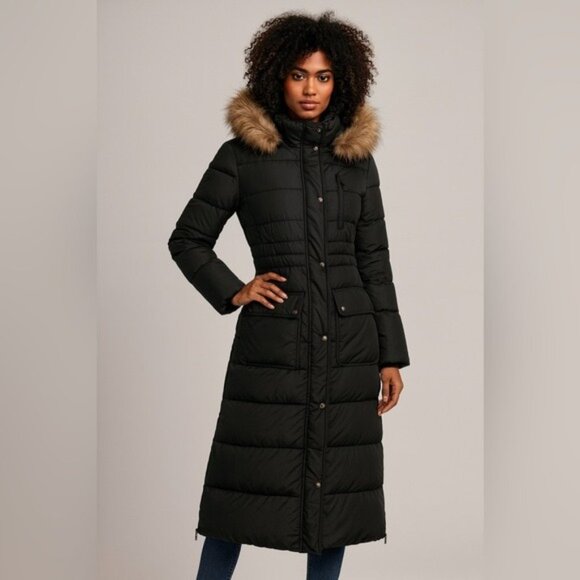 DKNY Black Long Down Puffer Coat Fur Trim Hood Hooded Winter Parka Sz Small - Picture 1 of 16